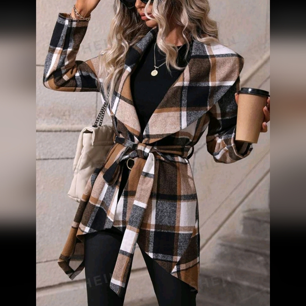Plaid Waterfall Collar Asymmetrical Hem Belted Coat
